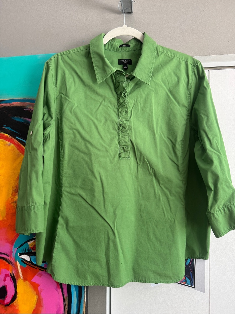 Talbots Petite XL Green Ruffled Stretch Poplin Blouse - Picture 1 of 8